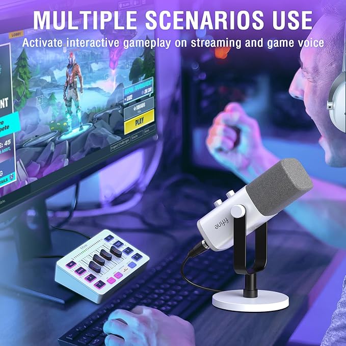 FIFINE Gaming Equipment Bundle XLR/USB Streaming Dynamic Microphone with Audio Mixer Set Podcast Recording Mic with Gain Knob PC Mixer with Slider Fader Kit for Video Game Voice-Ampligame KS5W