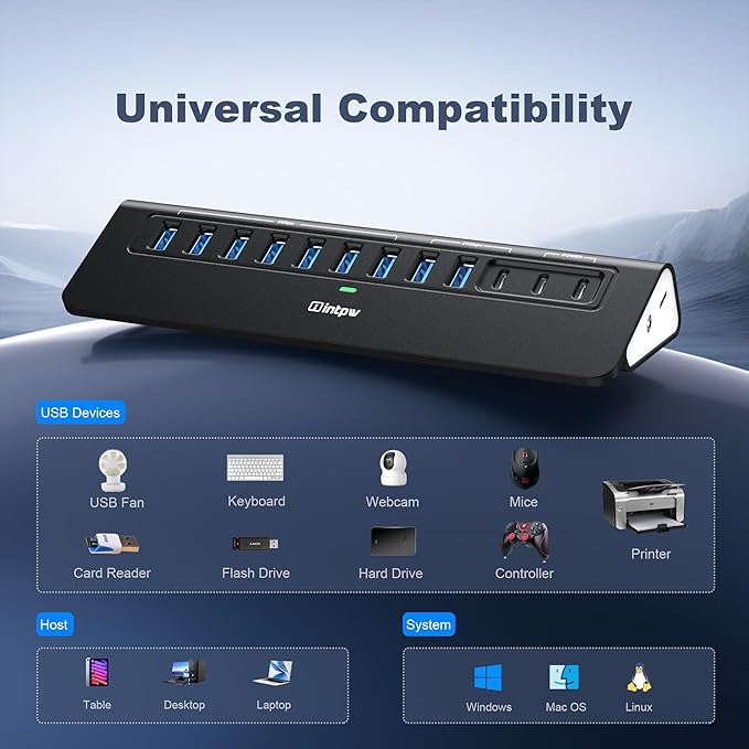 Powered USB Hub 10Gbps intpw YH9AC 12-Port USB C Hub with 10Gbps USB C 3.2 2 USB A 3.2 7 USB 3.0 2 PD 45W Charging Port 65W Power Adapter + 3.3FT Cable Aluminum USB Hub for Laptop/iPhone16/15/PC