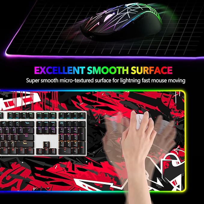 AIMSA Large RGB Gaming Mouse Pad Keyboard Mousepad Led Extended 35.4 x 15.8 inch Non-Slip Rubber Base with 14 Lighting Modes Big Desk Mat Waterproof Red Black
