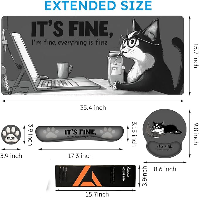 AQQA Funny Keyboard Mouse Pad SetXXL Mouse Mat+Keyboard Wrist Rest Support Cat Ergonomic Mouse Pad with Wrist Rest 4 Pcs Cute Office Desk Accessories35.4×15.7 in
