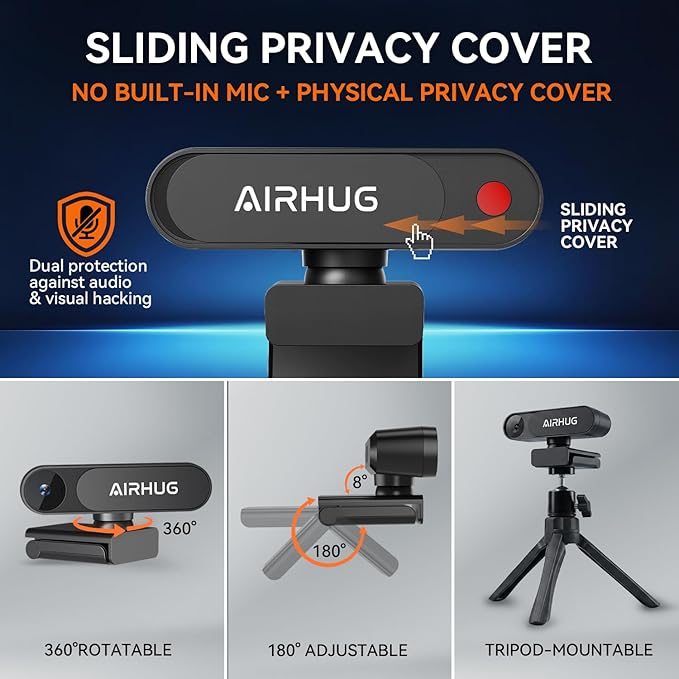AIRHUG 4K UHD USB Webcam No Mic with Privacy Cover for Secure Meetings - 16MP Sony Sensor PDAF Fast Focus 63° Gold FOV Auto Light Balance Streaming Camera Without Audio for PC/Laptop/Desktop