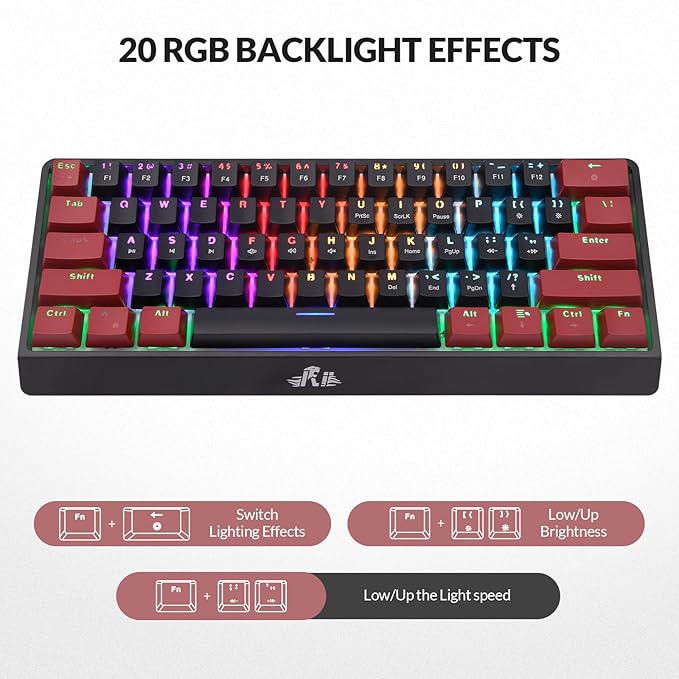 Rii RK806 60% Mechanical Gaming Keyboard61 Keys Compact Wired Keyboard with RGB BacklightClicky Blue SwitchAnti-ghostingfor Windows Laptop PC Mac(Black&ampRed)