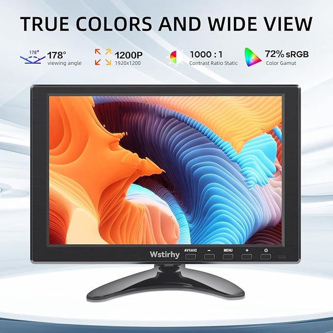 10.1 inch Small Monitor (1920x1200) 178° Screen Display with HDMI VGA AV BNC USB for PC Laptop Computer Kitchen Monitor Built-in Speaker VESA Remote Control