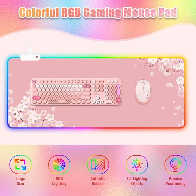 Japanese Sakura RGB Mouse Pad for Gaming I Large Mousepad with 14 Led Modes I Keyboard Pad Gaming Desk Mat I Non-Slip Rubber Base Mouse Mat I 900x400x4mm Waterproof Mousepad I Pink Cherry Blossom