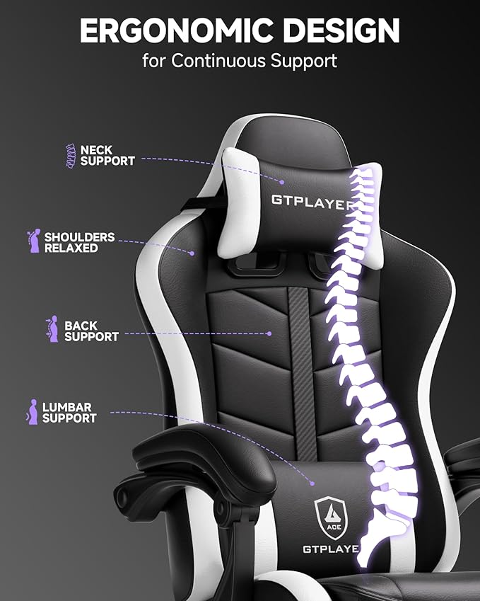 GTPLAYER Gaming Chair Computer Gaming Chairs for Adults with Footrest Height Adjustable PC Game Chair with 90-155° Recline &amp Removable Headrest Lumbar Support Black-White