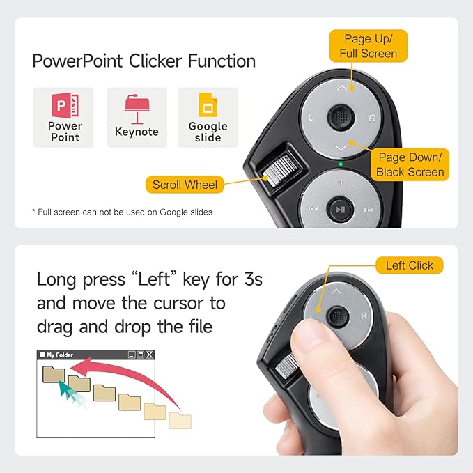 SANWA Bluetooth + 2.4G Wireless Handheld Mouse 3 in 1 Presentation Clicker Remote Air Mouse with Scroll Portable Finger Mice Rechargeable PPT Slide Compatible with Mac PC Laptop Phone Tablet