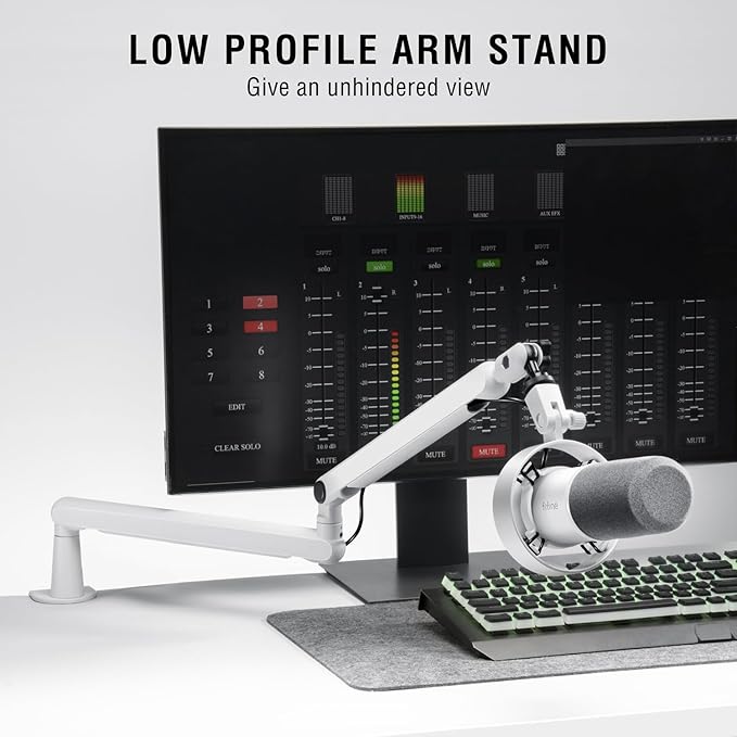 FIFINE Podcast Microphone with XLR Cable and Low Profile Arm Boom Set XLR Recording PC Mic Quick Mute &amp 9.8ft Balanced 3 PIN XLR Male to Female Cable and Metal Boom Arm-K688W+BM88W+L9W