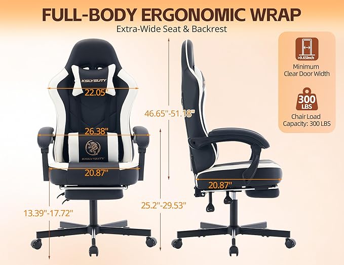 Office Chair Breathable Leather with Pocket Spring Cushion Wide and High Ergonomic Office Chair with Headrest Computer Gaming Chair with Footrest for Adult Black and White