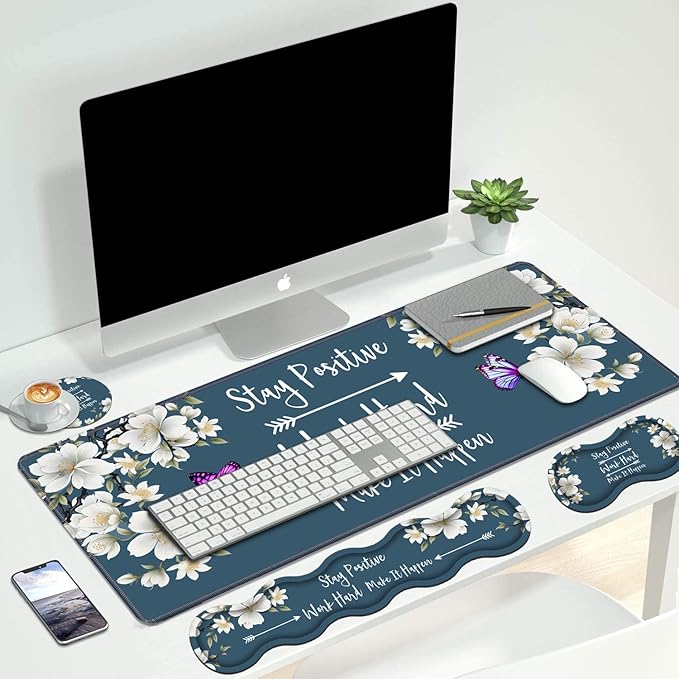 4 in 1 Ergonomic Keyboard Wrist Rest &amp Mouse Pad Wrist Rest SetStay Positive Work Hard and Make It Happen Inspirational Quote Large XXL Gaming Desk Mat with Non-Slip Base for Home Office Study Ga