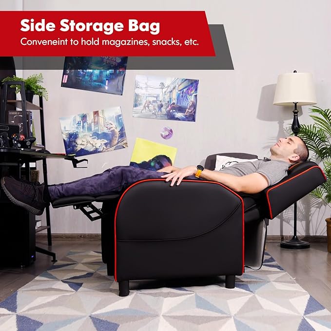 GYMAX Gaming Recliner Massage Gaming Chair with Adjustable Footrest Remote Control &amp Side Pocket Ergonomic Game Lounge Chair Racing Style Single Theater Seat Game Sofa for Adults (Red)