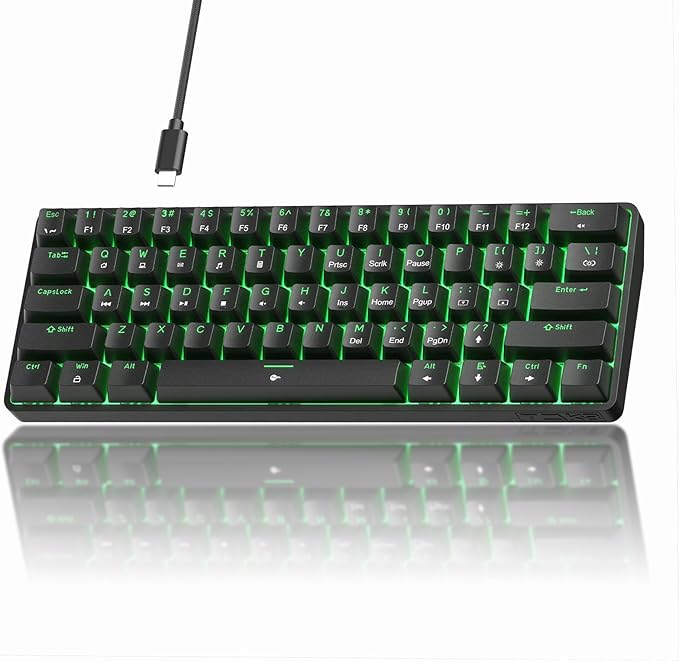 TMKB 60% Mechanical Gaming Keyboard Red Linear Switch LED Backlight Anti-Ghosting Detachable USB-C Double-Shot Keycaps 61 Keys Wired Black