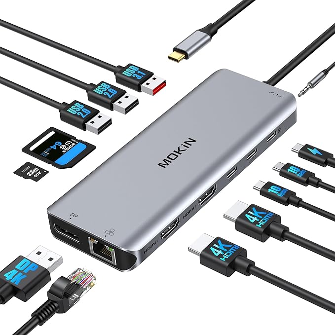 USB C Laptop Docking Station Dual Monitor Dual HDMI 4K DP Triple Display Hub 13 in 1 MOKiN USB C Hub with 3 Monitors DisplayPort USB 3.1 RJ45 100W PD Card Reader Audio/Mic for Dell HP Lenovo