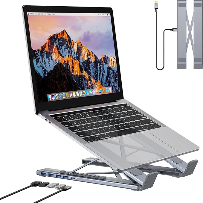 5-in-1 USB C Hub Adjustable Aluminum Laptop Stand 4-Port USB A 3.0 with 5Gbps Data Transfer USB C Hub Docking Station [Charging Not Supported] for MacBookPro/Air/Dell/HP/Lenovo