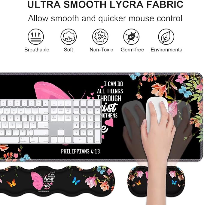 Ergonomic Keyboard Wrist Rest &amp Mouse Pad Wrist Rest SetLarge Gaming Desk Mat 31.5x 11.8 with Memory FoamEasy Typing Pain Relief for Home OfficeFloral Butterfly Quote Bible Verse Philippians