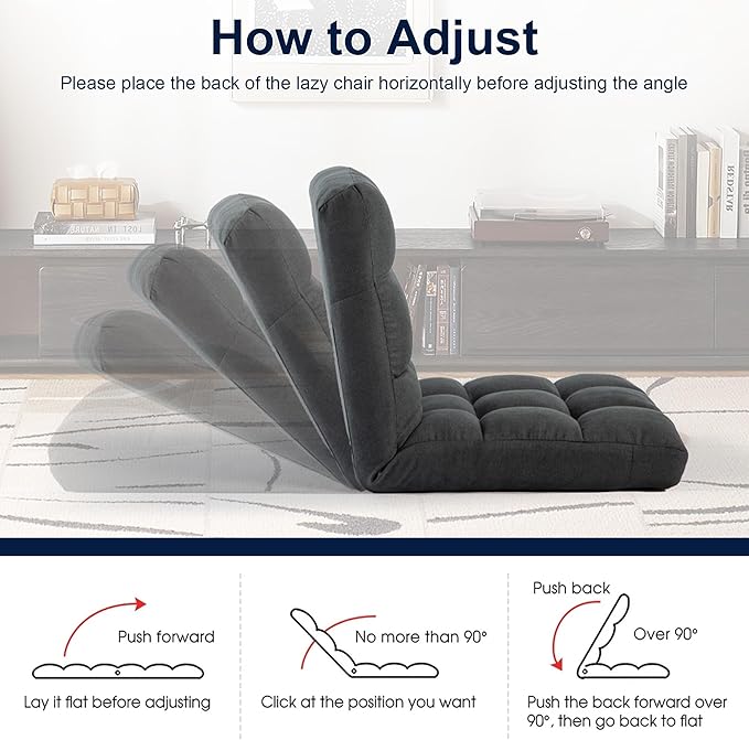 Floor Chair 24 inches Wide Oversized Velvet Armless Lay Flat Floor seat Padded Meditation Chair with 6 Adjustable Position Ergonomic Comfortable Convenient(LRSF-002-GREY)