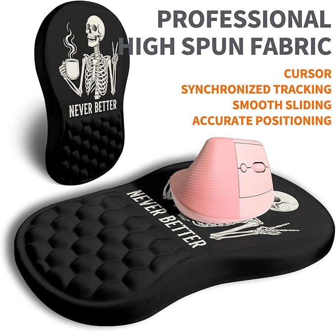 Ergonomic Joint Wrist Support Mouse Pad with Memory Foam Cushion Massage Bump Carpal Tunnel Pain Relief Mousepad Slope Design for Wrist Rest 11.8x7.9 in Funny Skeleton