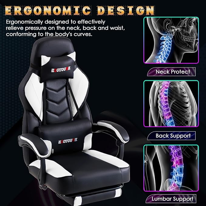 ECOTOUGE Gaming Chair with Footrest Big and Tall Silla Gamer with Massage Lumbar Support Ergonomic Gamer Chair with Reclining High Back 360° Swivel Gaming Computer Chair White
