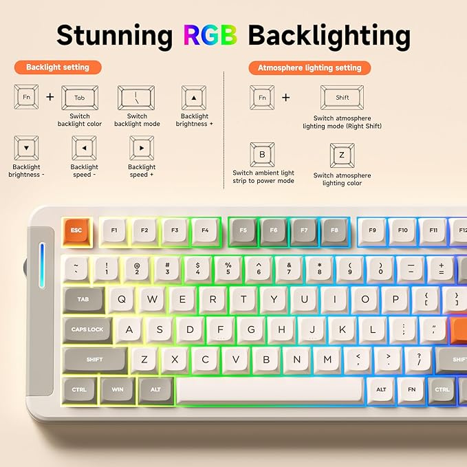 MCHOSE X75 V2 Wireless Mechanical Keyboard Volume Knob Tri-mode BT5.0/2.4GHz/USB-C Hot Swappable Custom Keyboards Linear Switch Creamy keyboardsRGB Gaming Keyboard for PC/Tablet/PS/XboxRetro White