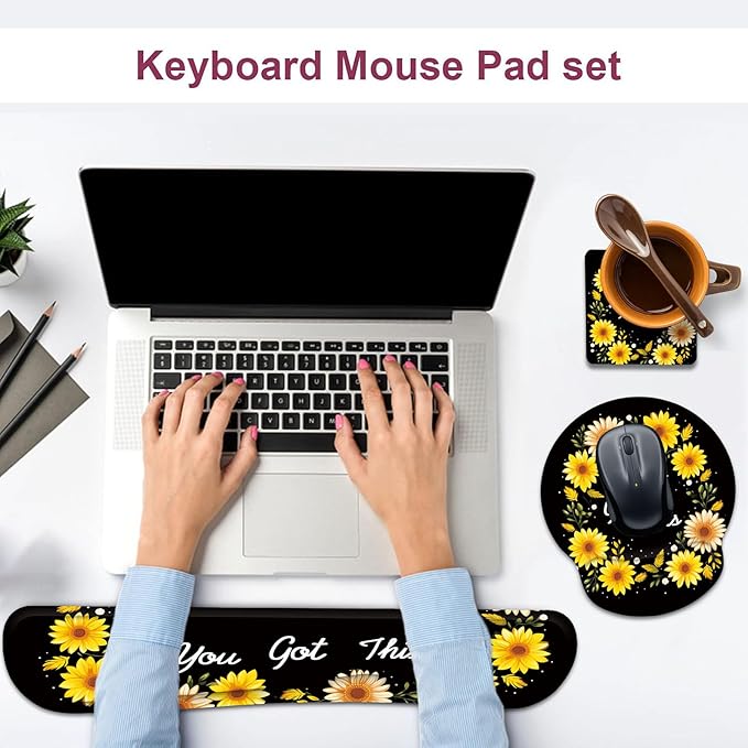 Keyboard Wrist Rest and Mouse Wrist Rest Pad with Cup CoasterMade of Memory FoamErgonomic SupportEasy-Typing and Pain Relieffor Gaming Office Home ComputerYou Got This Sunflower