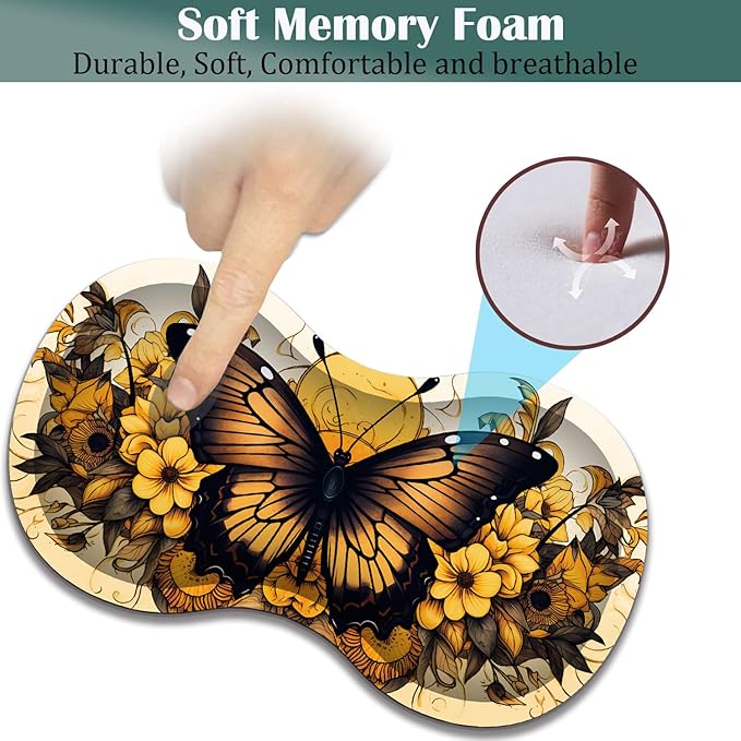 Large Game Mouse Pad + Wrist Support Pad + Coffee Coaster Desk Pad with Sewn Edges Anti-Slip Set pad Suitable for Office Work and Home - Yellow Sunflower Butterfly