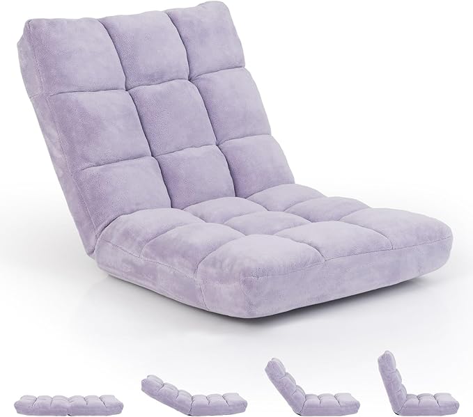 RELAX4LIFE Floor Chair with Back Support - 14-Position Adjustable Lazy Sofa Chair Padded Sleeper Bed &amp Couch Recliner for Reading Meditation Folding Floor Gaming Chair for Adults (Light Purple)