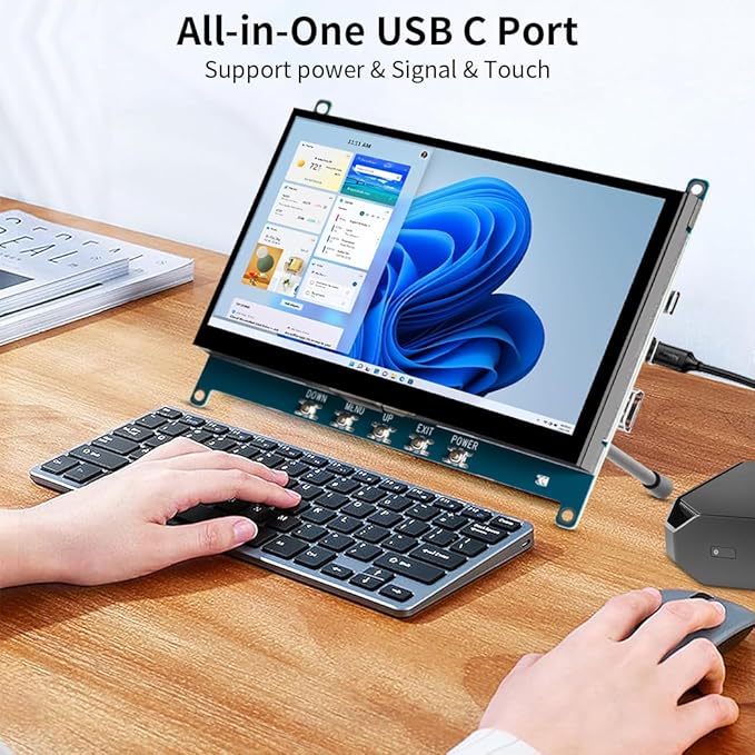 7 Inch Touch Screen Display for Raspberry PI 5 | 1024×600 | IPS |Sunlight Readable IHDMI/USBC Dp Alt Mode Support| OTG|Low Power Consumption| Driver-Free Mini Size Monitor