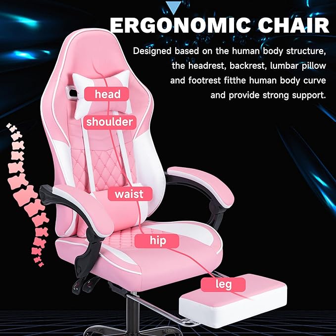 Pink Gaming Chairs with Footrest PVC Leather Video Game Chair for Adults Ergonomic Gaming Chair with Headrest &amp Lumbar Support Reclining Gamer Chairs with Adjustable Backrest (Pink+White1)