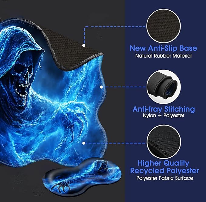 Large Mouse Pad and Keyboard Wrist Rest Desk Pad for Keyboard and Mouse 4-in-1 Large Gaming Mouse Pad with Wrist Support Desk Mat for Home Office Study Game-Smoke Skull