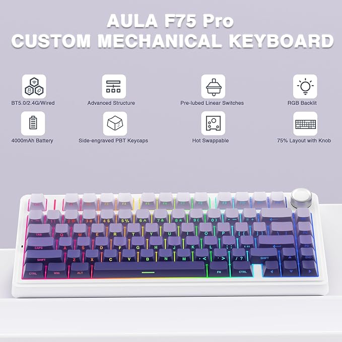AULA F75 Pro Wireless Mechanical Keyboard75% Hot Swappable Custom KeyboardRGB BacklitPre-lubed Linear SwitchesSide Printed PBT Keycaps Mechanical Gaming KeyboardsGradient Purple