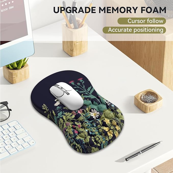AIMSA Upgraded Wrist Rest Support Mouse Pad Ergonomic Mousepad Massage Memory Foam Design Pain Relief Comfortable Wrist Cushion Mat Non-Slip PU Base for Home Office Flowers Plants