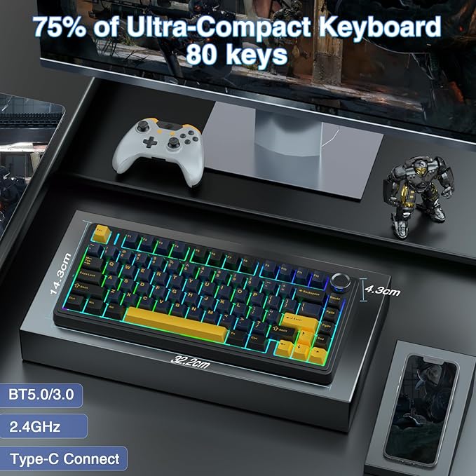 AULA F75 75% Wireless Mechanical Keyboard Hot Swappable Creamy Keyboard Pre-lubed Greywood Switches RGB Backlit Gaming Keyboards 2.4GHz/Type-C/BT5.0(Cool Black)