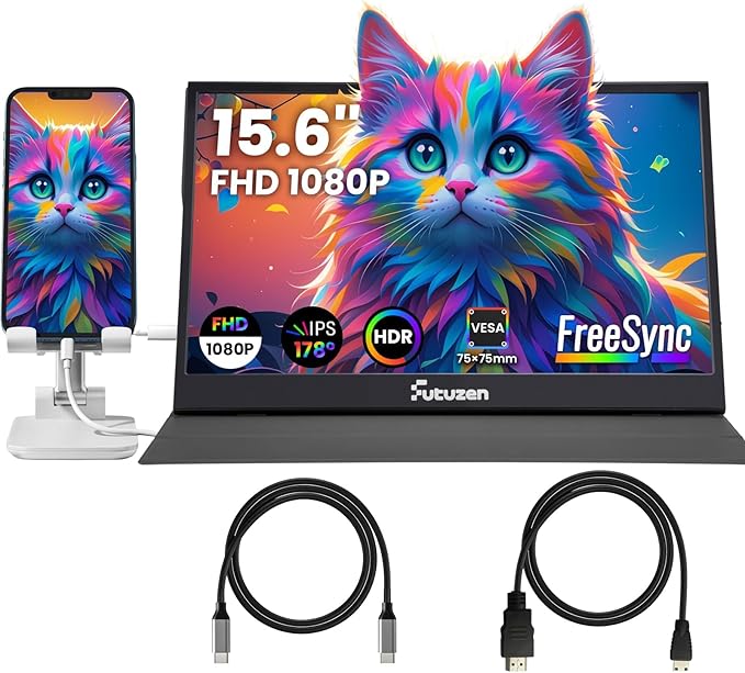Portable Monitor 15.6inch 1080P FHD Second External Monitor for Laptop/MacBook/Phone Office &amp Travel Monitors with Dual USB-C/Mini HDMI Ultra-Light with Leather Cover &amp Speakers HDR Plug&amp