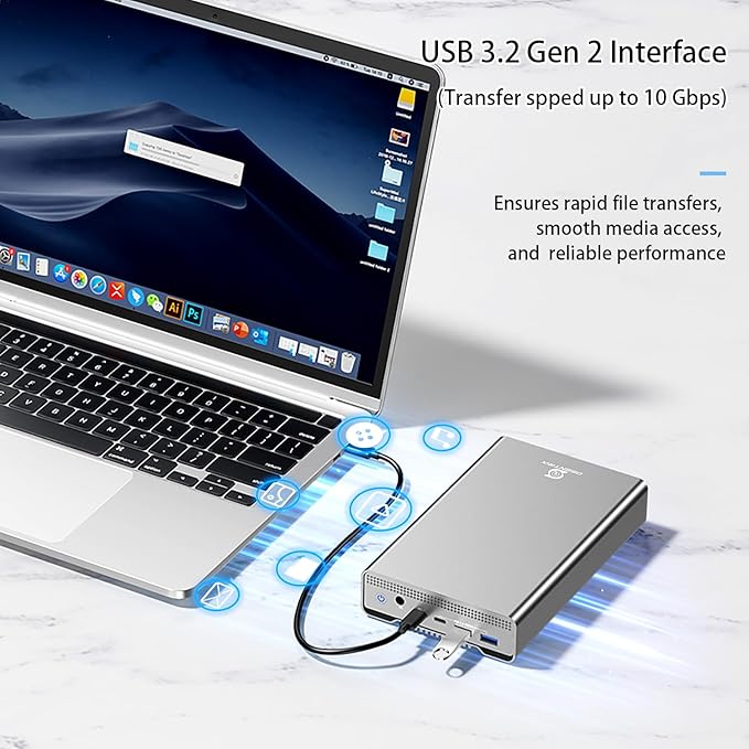 GX100 12TB USB 3.2 Gen 2 (10Gbps) External Hard Drive with USB Hub for Windows or MacOS Desktop PC/Laptop - 2 Year Warranty