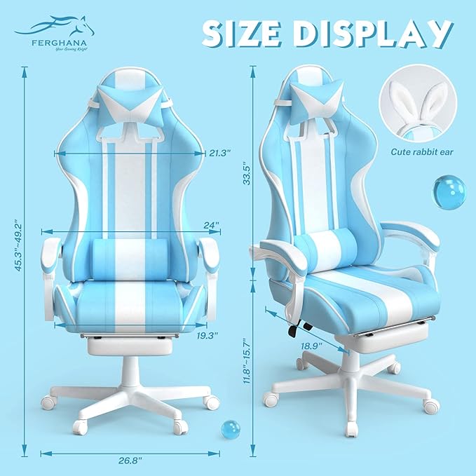 Ferghana Blue Gaming Chair with Bunny Ear Cute Massage Gaming Chairs for Adults &amp Teens Office PC Gamer Chair with Footrest Kawaii Computer Game Chair for Girls Racing Reclining Silla Gamer