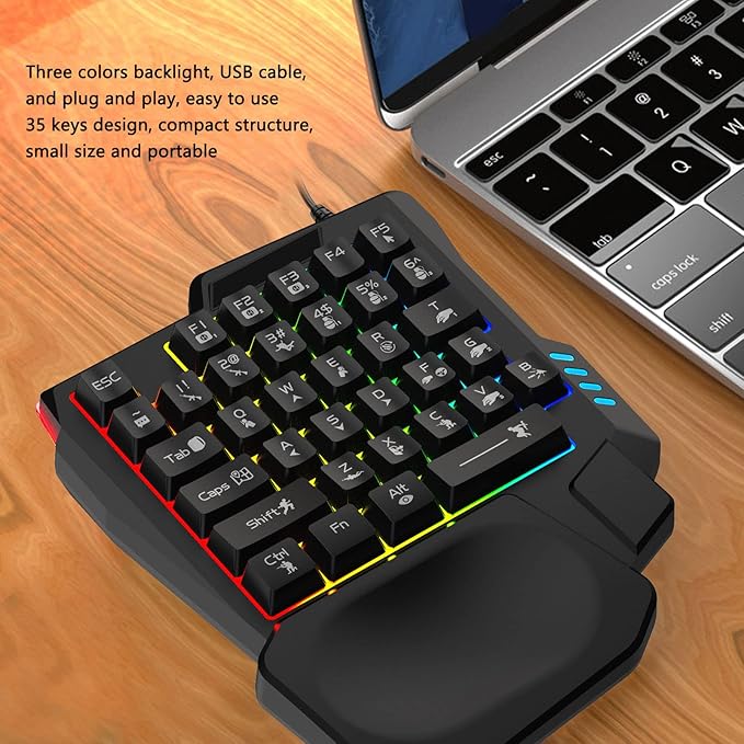 Sazao One Handed Gaming Keyboard Three Colors Backlight Wide Palm Rest 35 Keys Gaming Keyboard for Computer for Mobile Games