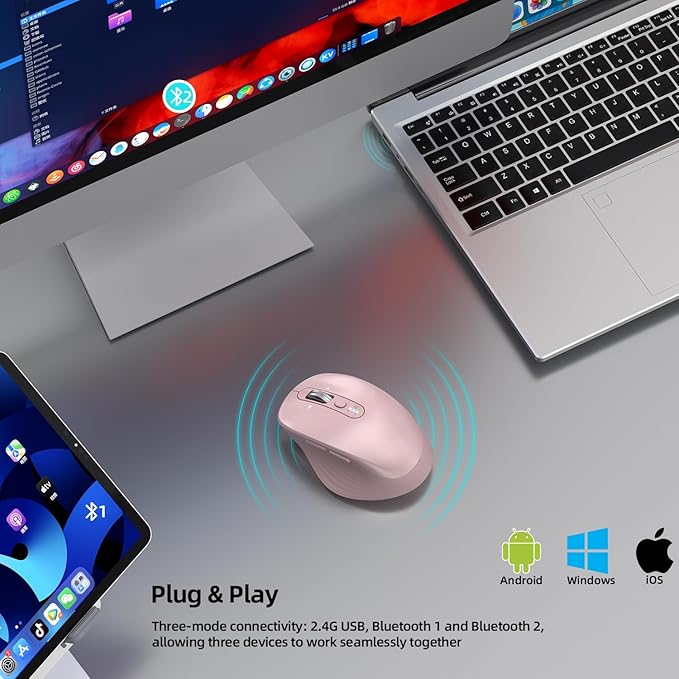 Wireless Bluetooth Mouse Multi Device (BT1/BT2 + 2.4G USB) Mouse for Laptop iPad &amp Mac 4-Way Scroll with Side Buttons Silent Click Ergonomic Offce Mouse Adjustable DPI（Pink）