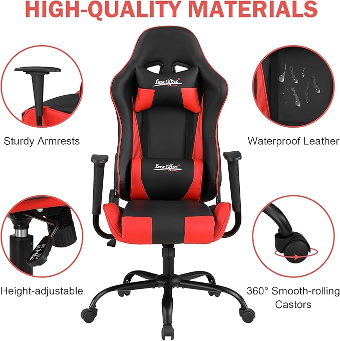 BLKMTY Gaming Chair Office Chairs High Back Computer Leather Desk Chair Racing Executive Ergonomic Adjustable Swivel Task Chairs with Headrest and Lumbar Support Red