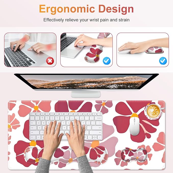Desk Mat Gaming Mouse Pad Cute Desk Matt Keyboard Wrist Rest for Desktop Anti-Slip Mousepad w/Stitched Edges XXL Large Mouse Pad with Wrist Support for Desk Computer I Burgundy Lucky Flower