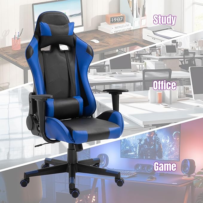 DIKEP Gaming Chair PC Computer Chair with Footrest and Lumbar Support PU Leather Headrest and Height Adjustable Ergonomic Reclining Chair w/ 360° Swivel Seat for Office and Home - Black &amp Blue