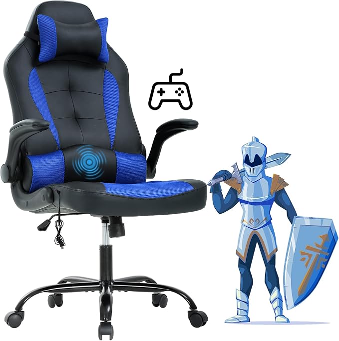 Ergonomic Gaming Office Chair - High Back Executive Computer Chair with Lumbar Support &amp Flip-Up Arms PU Leather Adjustable Swivel Chair for Women/Men Height Adjustable Massage Desk Chair (Blue)