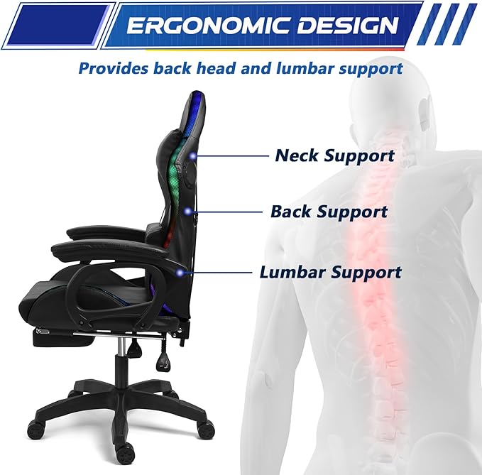 Massage Gaming Chair with Speakers Video Game Chair with RGB LED Lights Ergonomic Racing Office Chair PU Leather Recliner Computer Chair Swivel Chair with Headrest Armrest Lumbar SupportPink