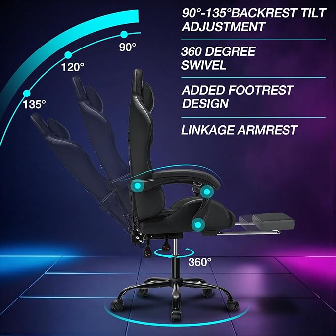 Gaming Chair Massage with LED RGB Lights and Footrest Ergonomic Computer Chair High Back Video Game Chair with Adjustable Lumbar Support Linkage Armrest Grey and Black
