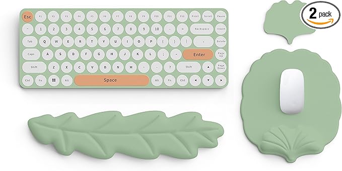 Keyboard Wrist Rest and Mouse Pad with Wrist Support Set Ergonomic Leaf Shape Mouse Pad with Non-Slip Base Pain Relief Memory Foam Mousepad for ComputerLaptopHome Office Green