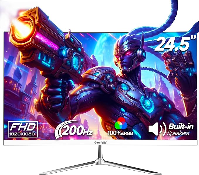 Gawfolk Gaming Monitor 24.5 Inch 200Hz Built-in Speakers 180hz PC Monitor FHD 1080P Frameless Computer Monitors VAsRGB 100% DisplayPort HDMI Eye Care Wall Mount Compatible (White)