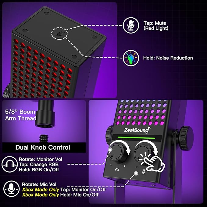 ZealSound Gaming Microphone for Xbox PC &amp Mac Noise Cancellation Streaming Mic with One Tap Mute RGB Lighting Monitoring Gain Control Condenser Mic for iPhone Computer Podcast Gamer YouT