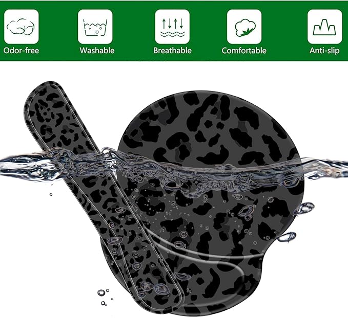 Ergonomic Gel Mouse Wrist Rest Pad and Keyboard Pad SetAnti-Slip PU Bottom Easy Typing and Relieve Wrist Pain with Cute Coaster Set (3-Black Leopard Print)