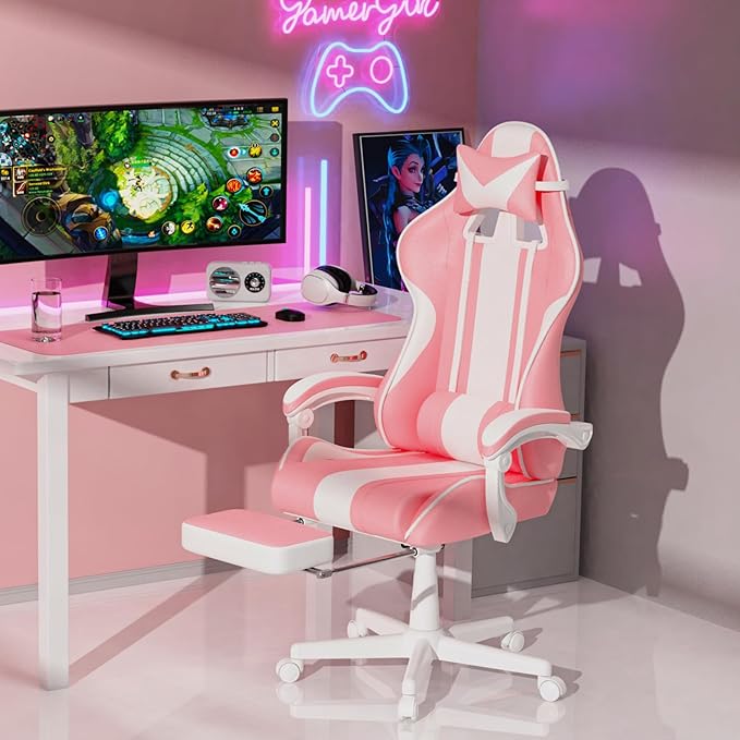 Ferghana Gaming Chairs Ergonomic Racing Style PC Game Computer Chair with Headrest Lumbar Support Adjustable Recliner PU Leather Video Computer Chair(Pink)