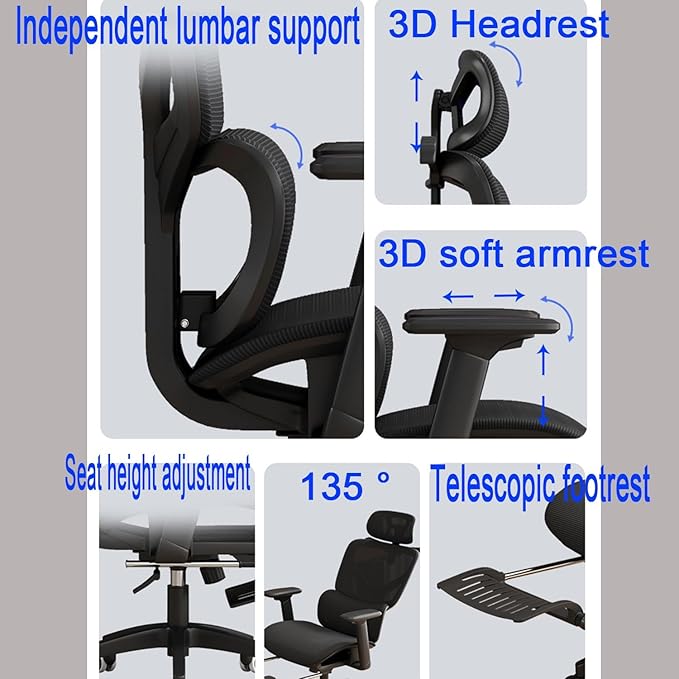 Ergonomic Chair Mesh Office Desk Seat Adjustable Lumbar Support 135° Recline 330LBS Capacity High Back Computer Chair with Wheels for Home Office Gaming Study(All Black)