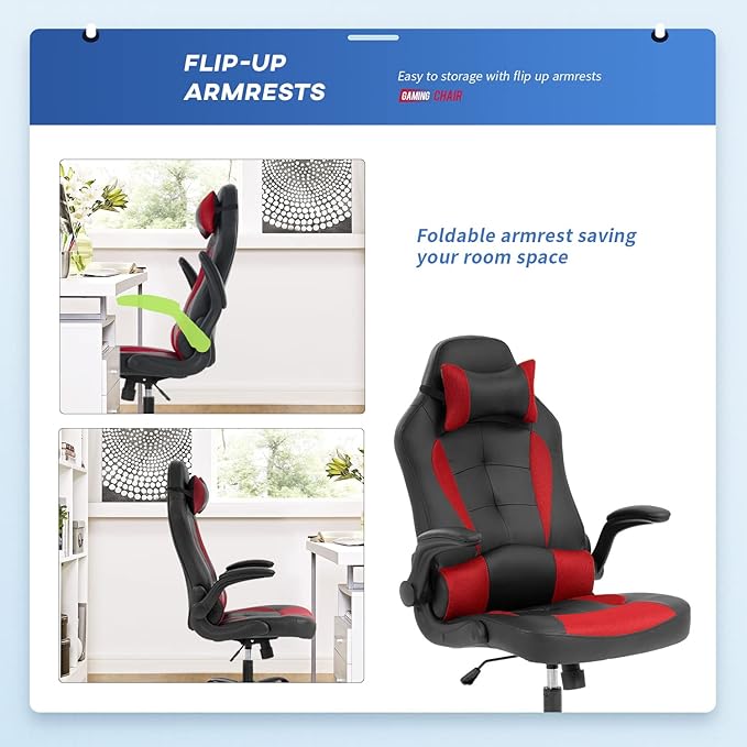 Gaming Chairs for Adults PU Leather Swivel Rolling Adjustable Game Chair with Lumbar Support Flip Up Arms Headrest for Adults Women Men Video Game Chairs Ergonomic Gaming Chair