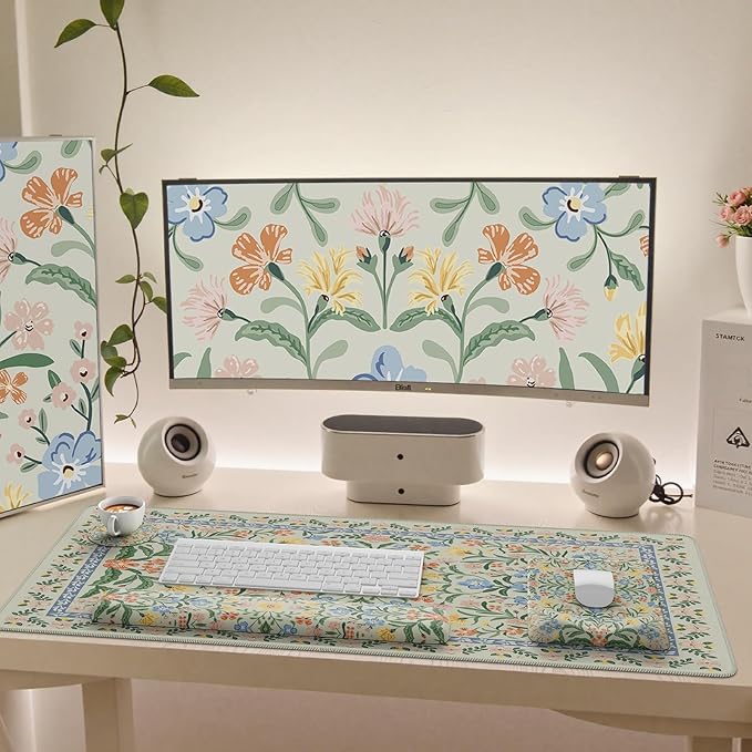 iCasso Mouse Pad with Wrist RestLarge Desk Mat SetErgonomic Keyboard Pad with Wrist SupportNon-Slip Mouse Mat for WomenCute Floral Computer Mat for Home Office Gaming (Green Floral)